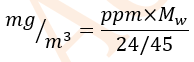 فرمول تبدیل ppm به میلی گرم در متر مکعب
